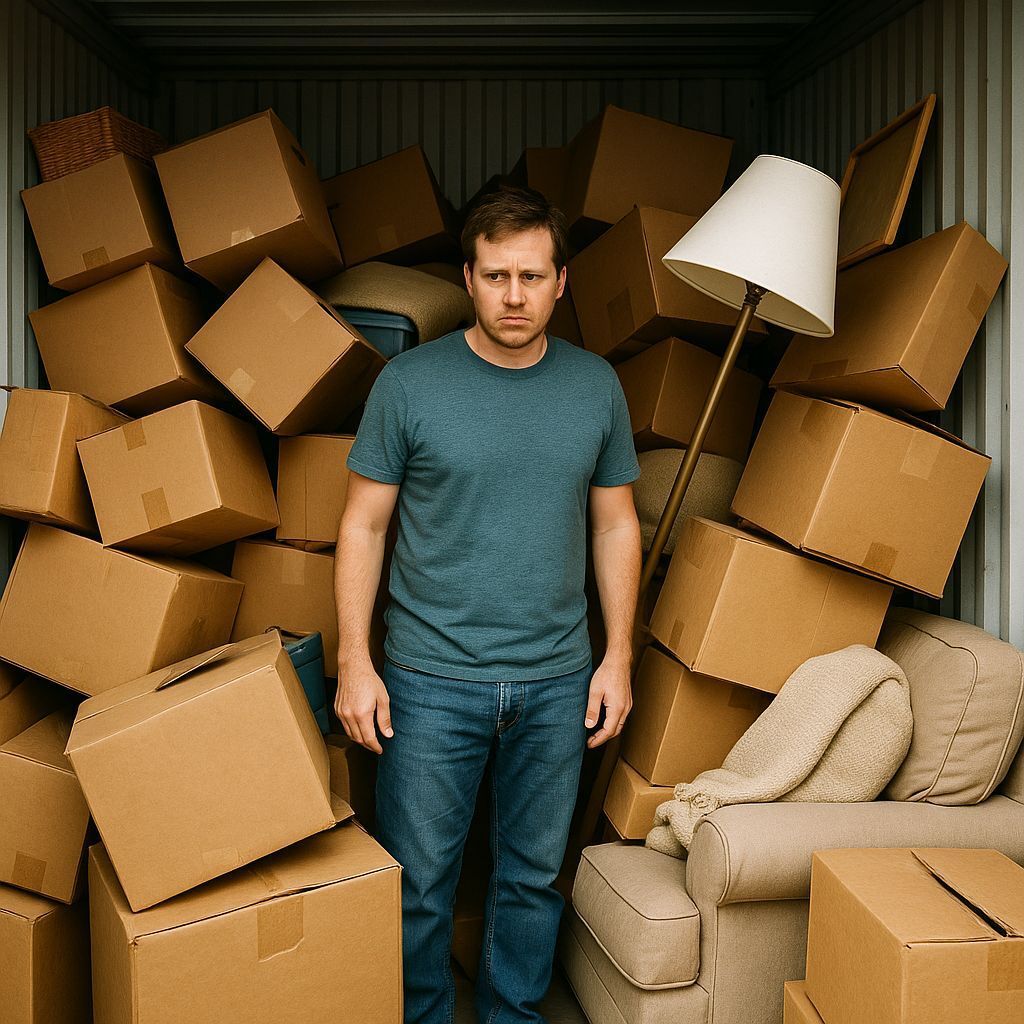 Man standing in a storage unit filled with moving boxes, an armchair, and a lamp.