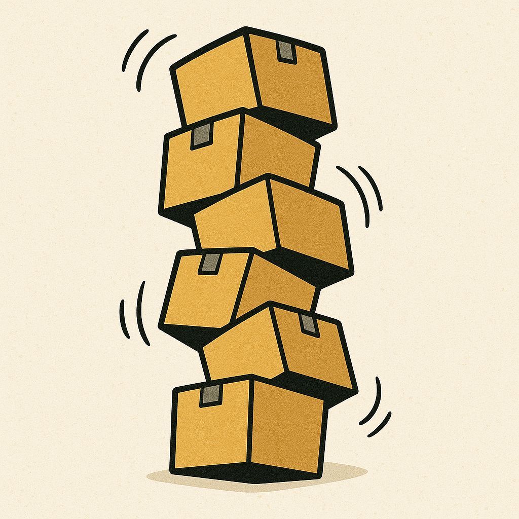 Stack of unstable cardboard boxes teetering precariously, with motion lines indicating imbalance.