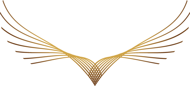 Gold wing-like abstract line art on a white background