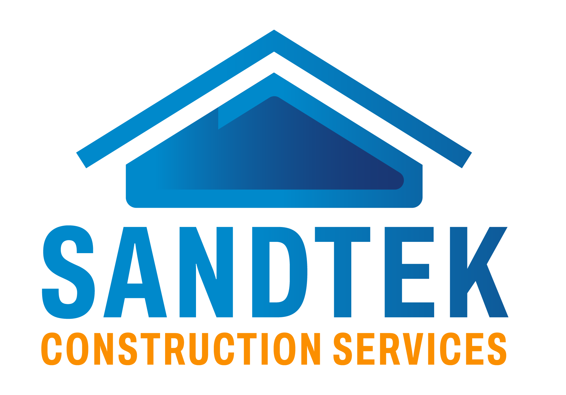 Logo for Sandtek Construction Services: Blue house outline above blue text "SANDTEK" and orange text "CONSTRUCTION SERVICES".