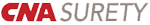 A red and white logo for cna surety