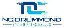 Logo for NC Drummond Enterprises, LLC. Features stylized "NC" in shades of blue with dashed lines for speed.