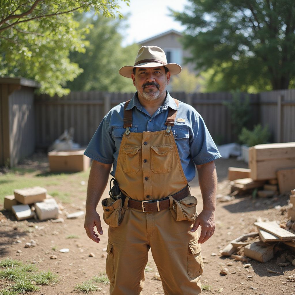 Man in overalls and a hat stands outdoors amidst scattered wood and a fence.