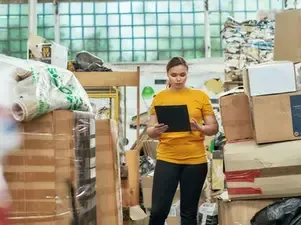 A woman is standing in a warehouse looking at a tablet.