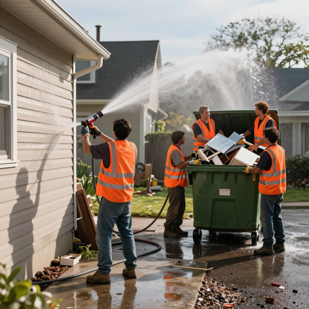 Workers in orange vests spray water on a house and dumpster during exterior cleanup.