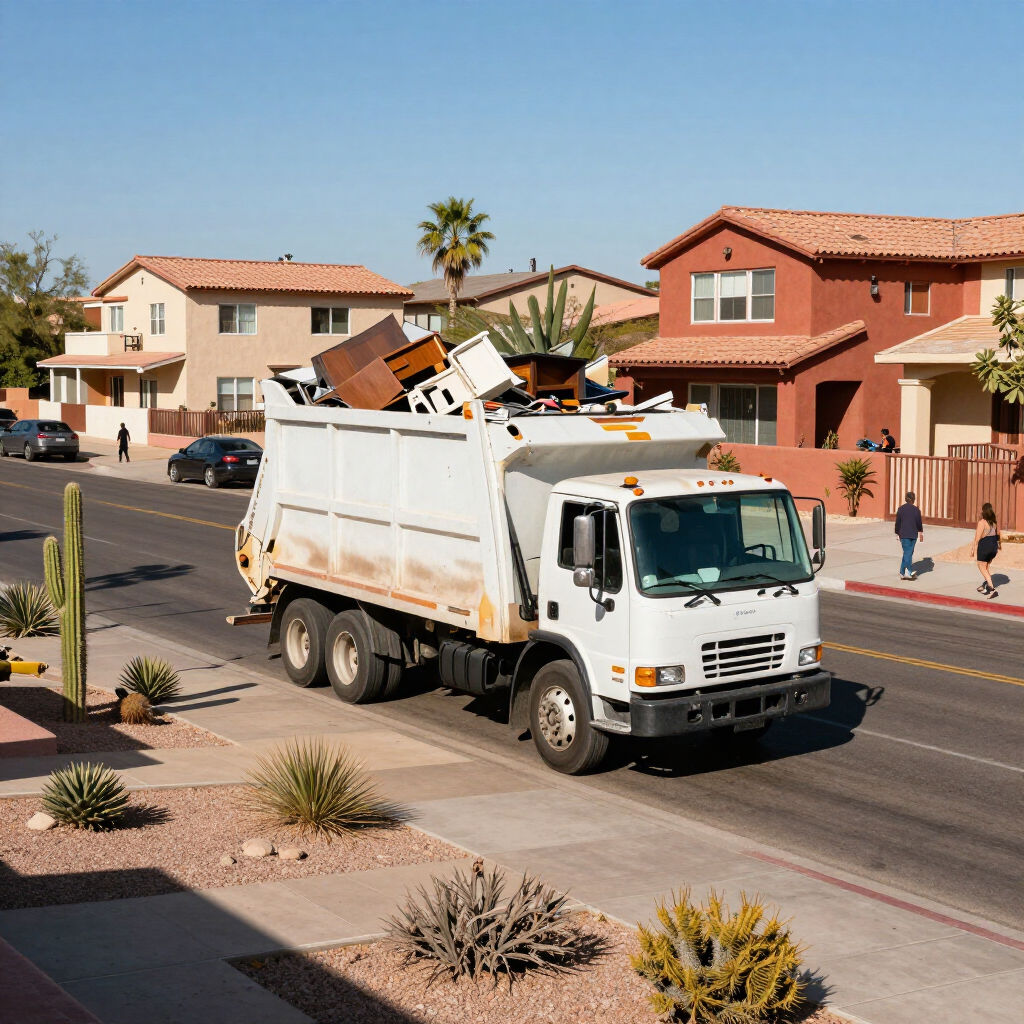 White garbage truck loaded with debris driving through a suburban neighborhood street