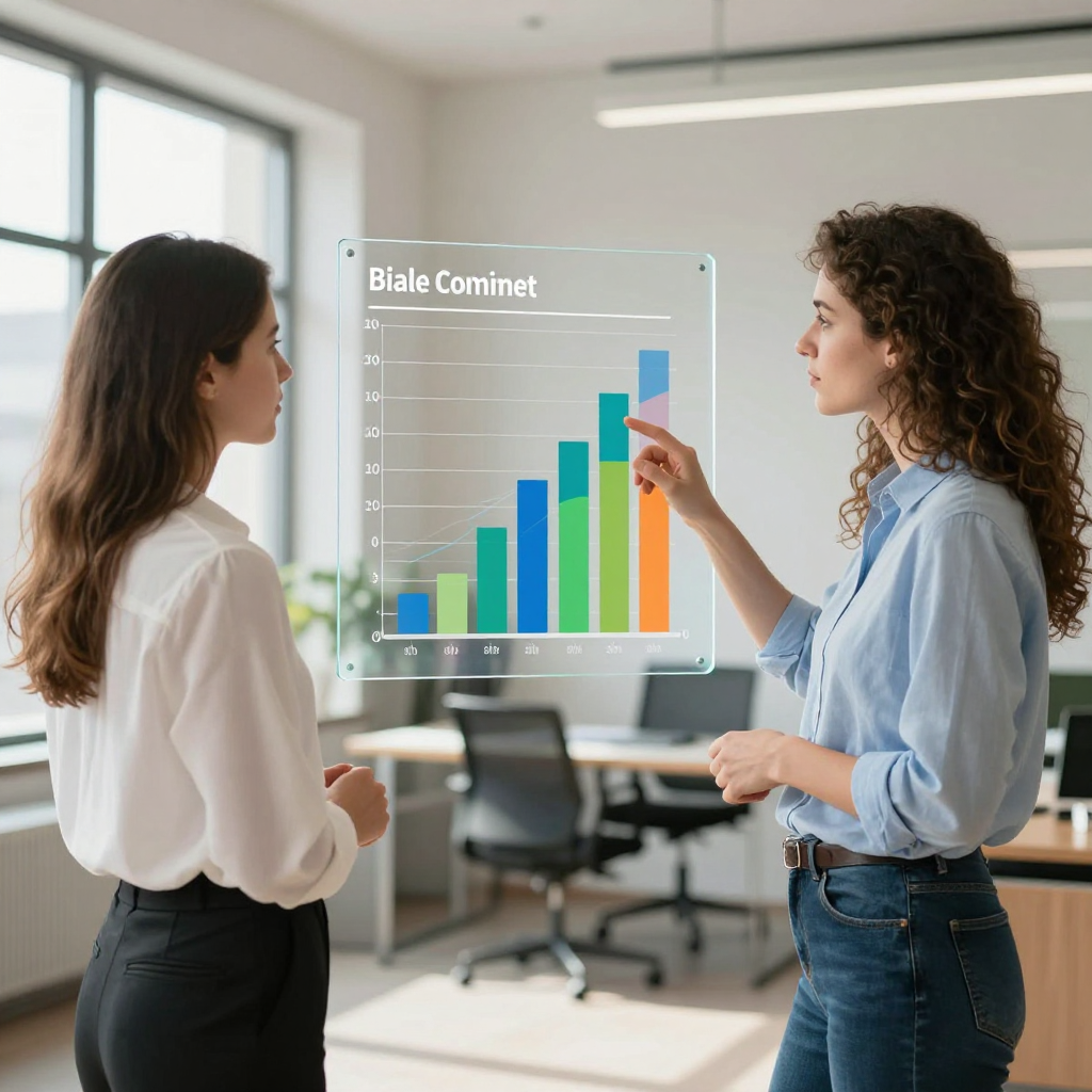 Two women in an office reviewing a holographic chart of increasing bar graphs, one pointing.
