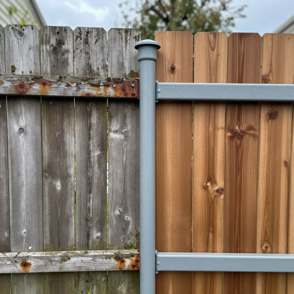 Weathered gray and brown wooden fence panels with a vertical post and horizontal support bars