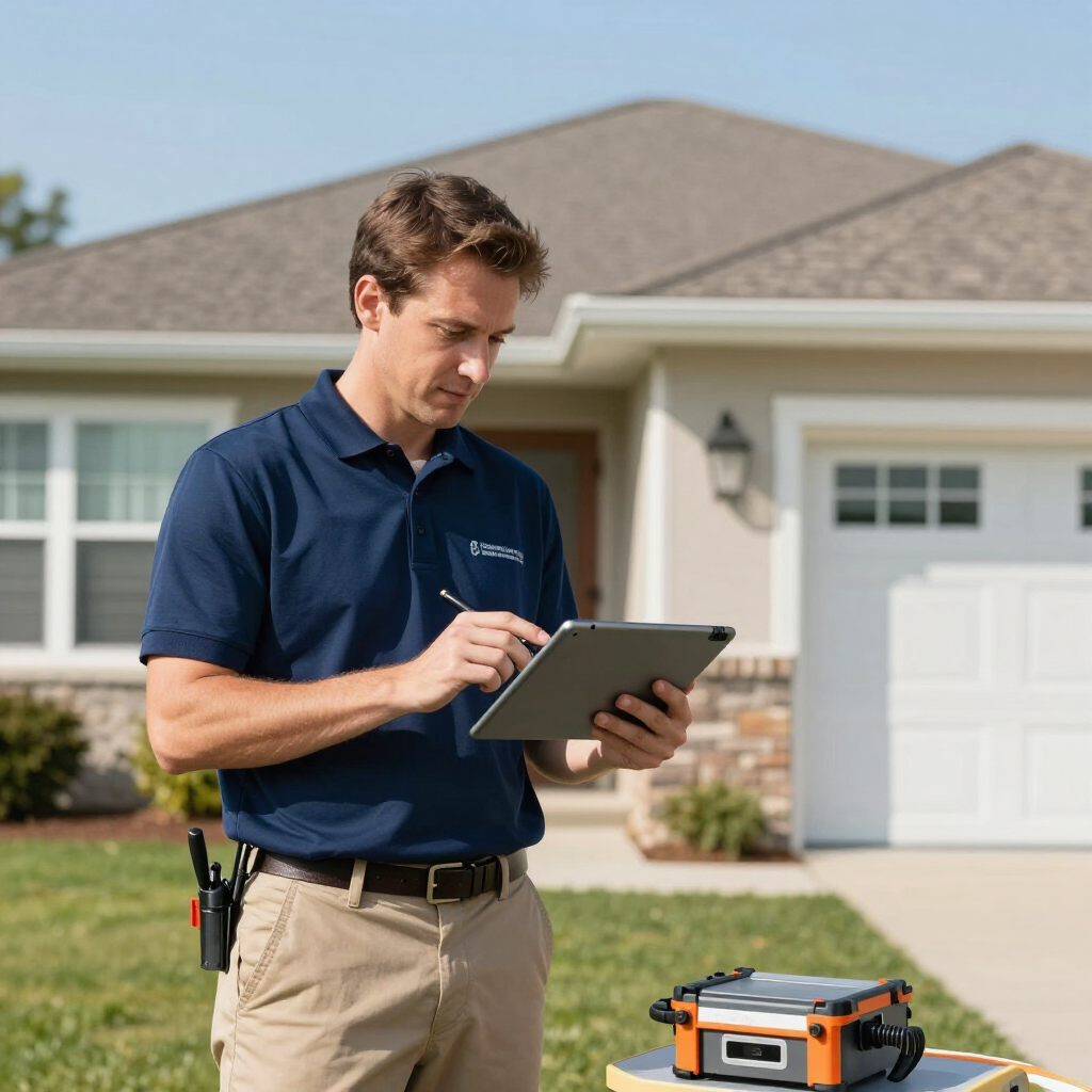 Technician in navy polo checks a tablet beside an orange tool case in a suburban driveway