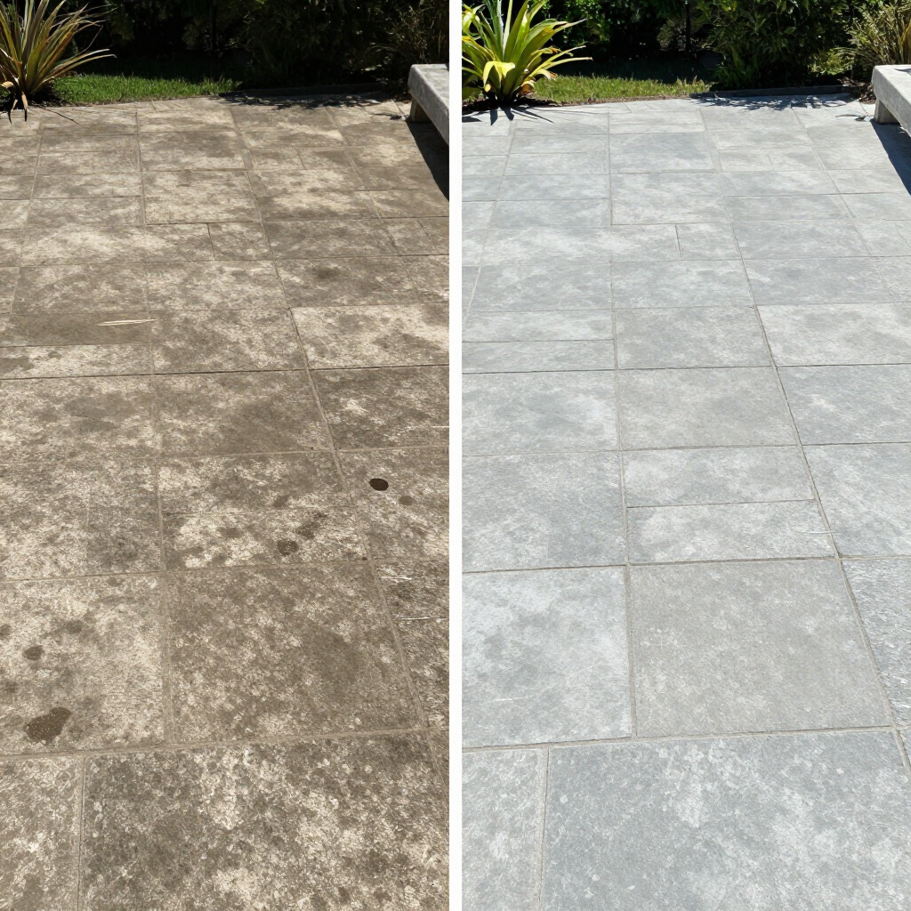 Before-and-after patio: worn concrete on left, newly installed gray pavers on right.