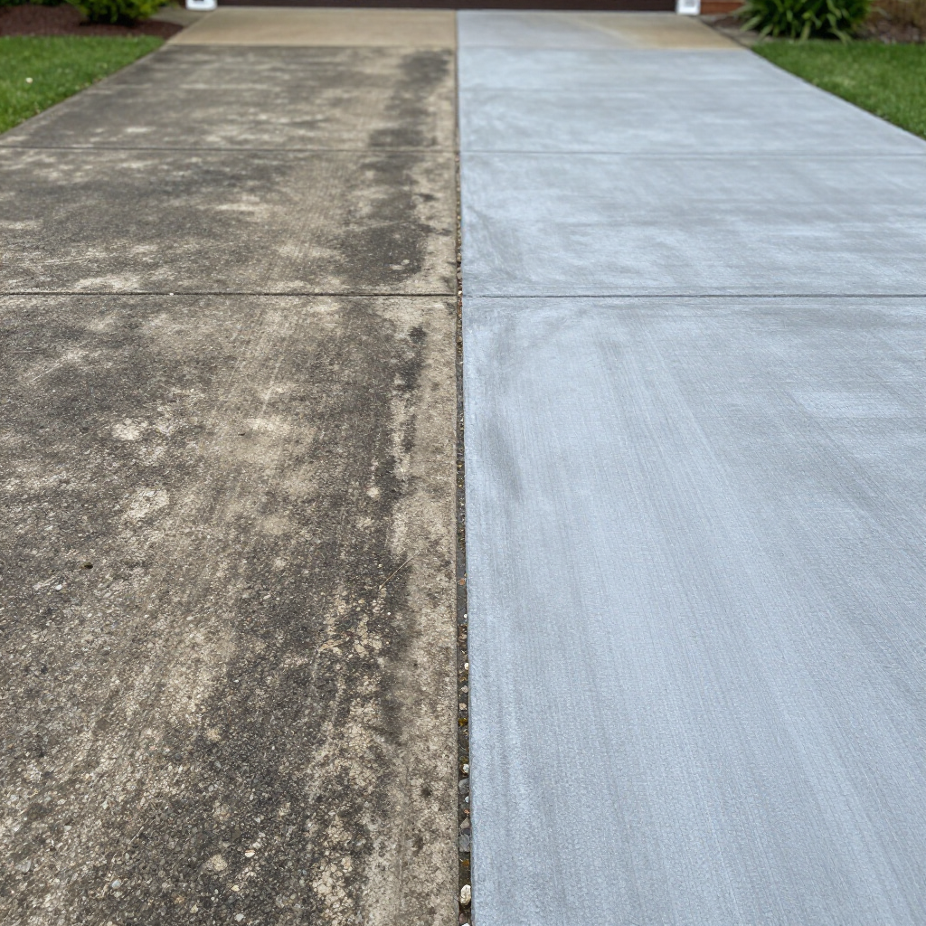 Driveway split between weathered concrete and freshly resurfaced gray coating.