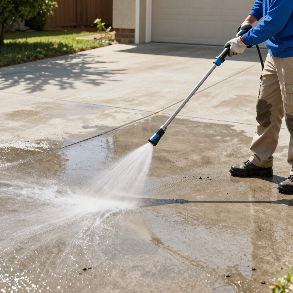 Person pressure-washing a sunlit concrete driveway outside a garage
