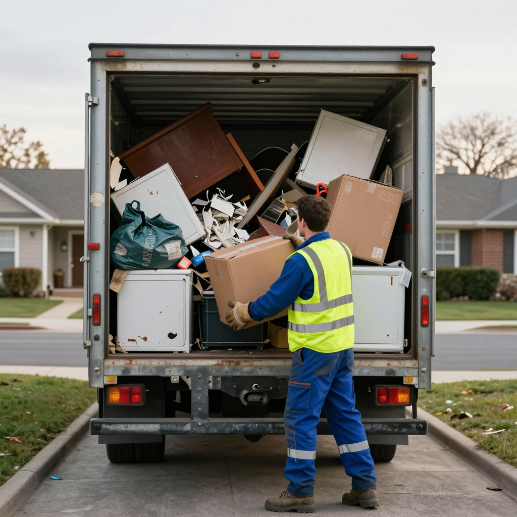 A person in a yellow vest unloads cardboard into a truck filled with trash on a residential street.