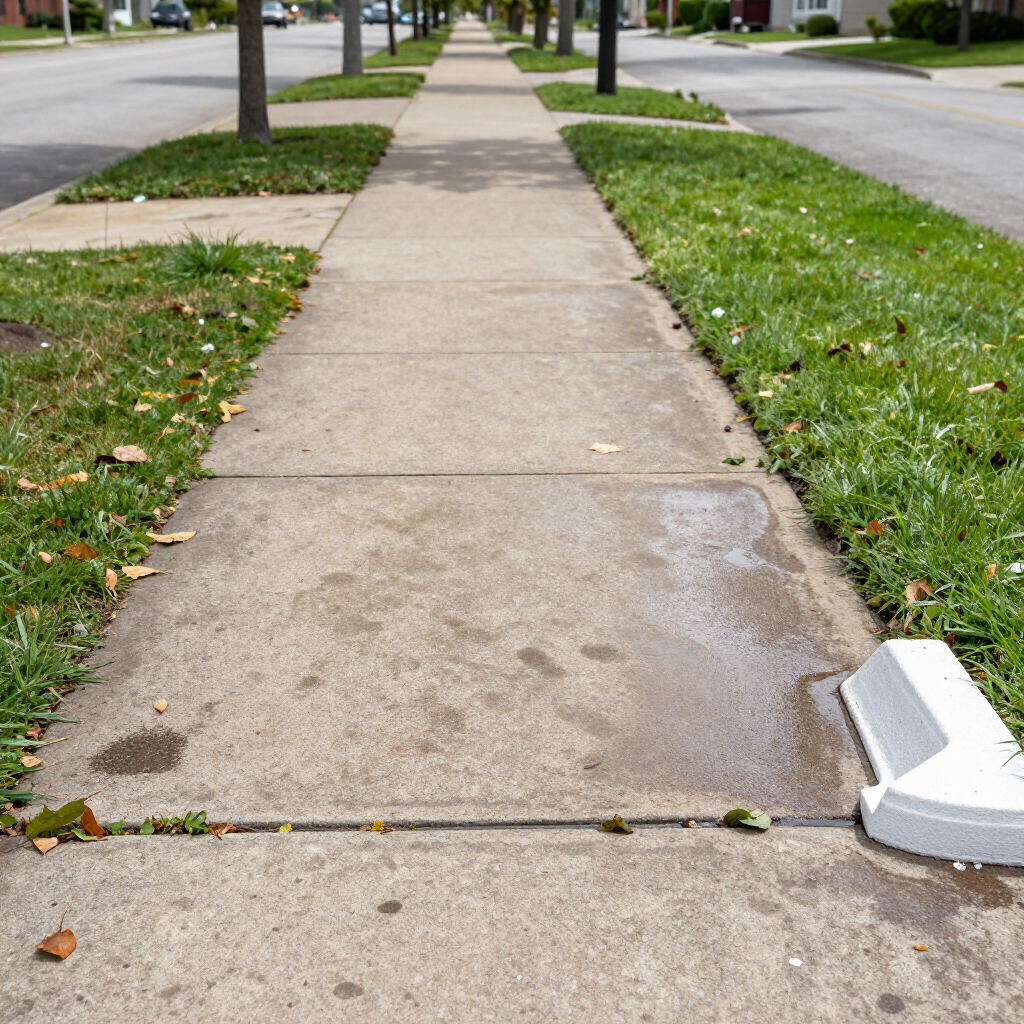 Sidewalk with a damaged, uneven concrete slab beside a grassy curb strip and quiet street.