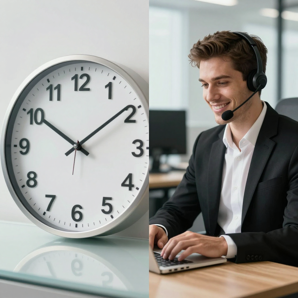 Clock and man in headset working on laptop. Office setting.