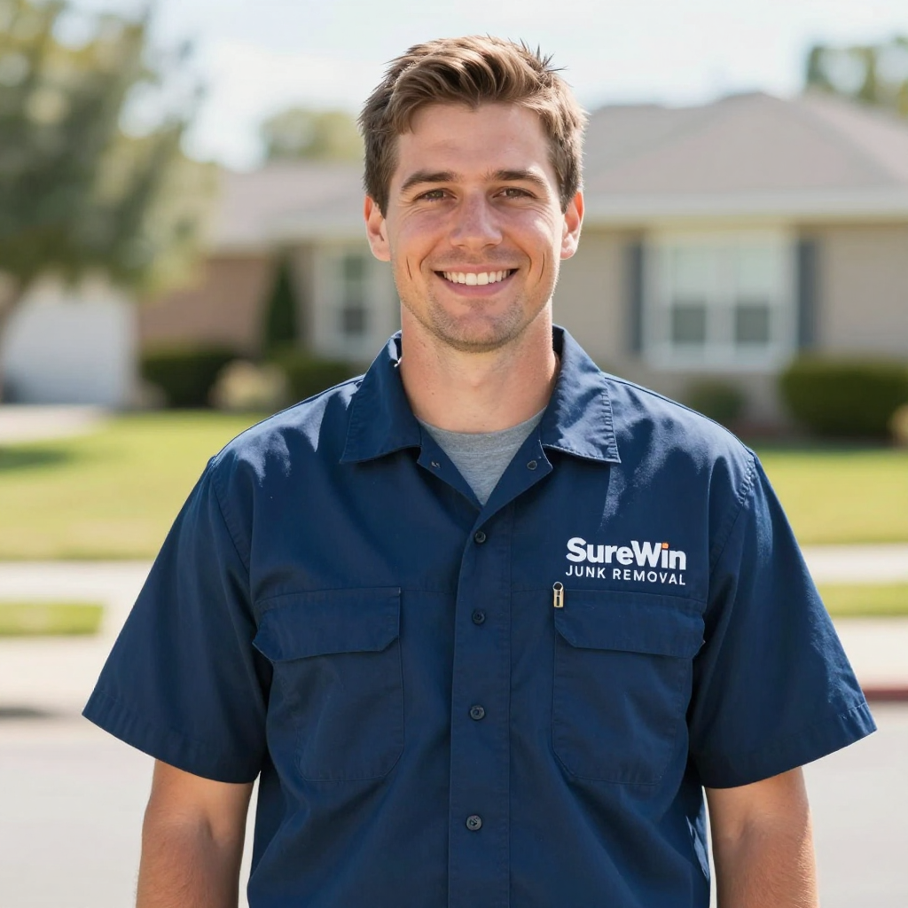 Man in blue work shirt smiles, stands outside a house.