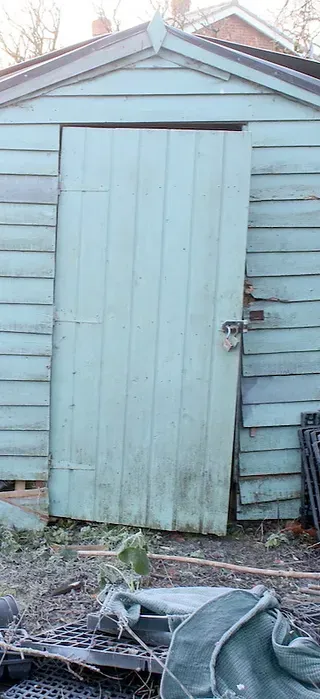 A blue wooden shed with a door that is open.