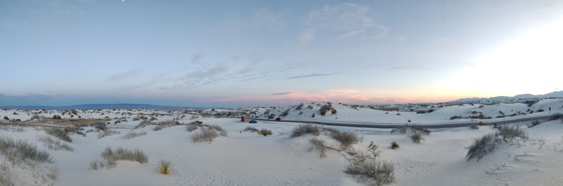 White sand desert landscape with low vegetation under a pale blue sky at dawn or dusk.