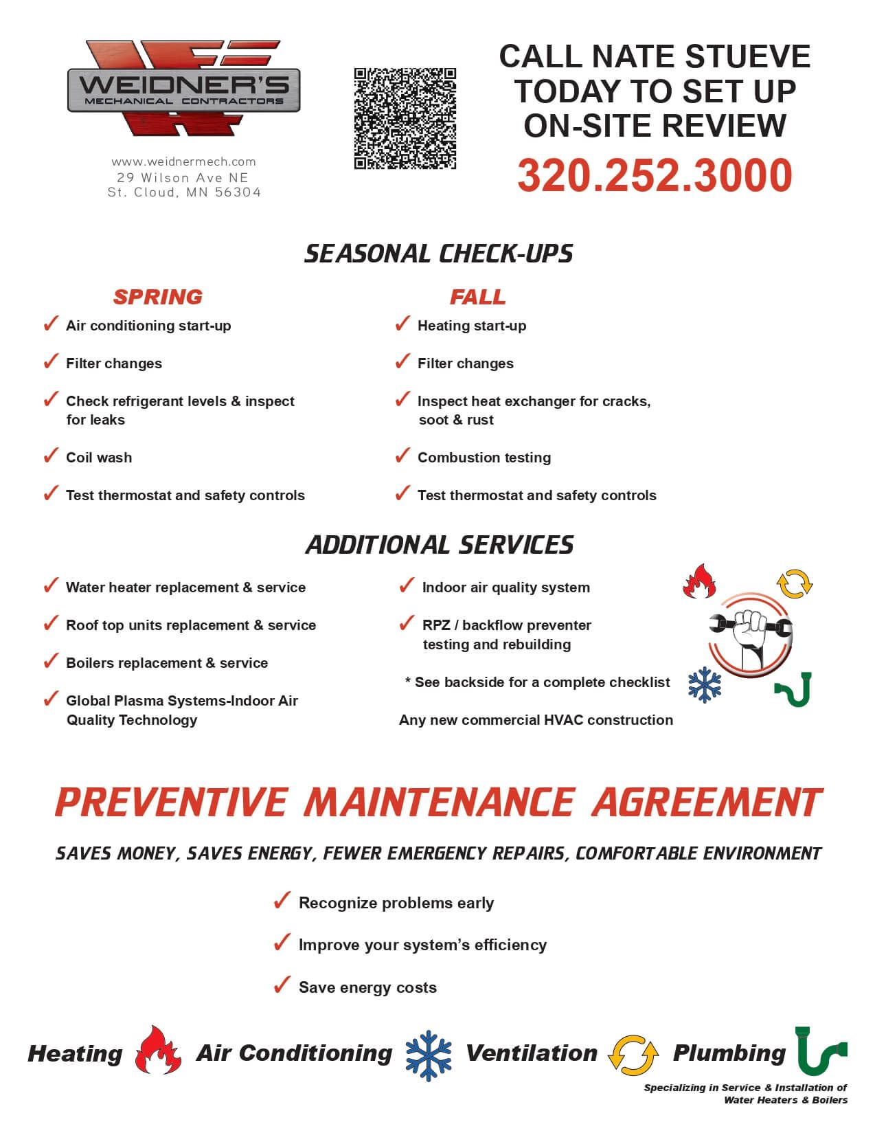 Advertisement for Weidner's with seasonal check-ups and maintenance agreements. Includes contact information.
