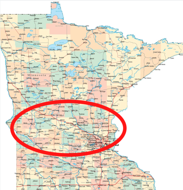 Map of Minnesota with a red oval highlighting the central and western regions.