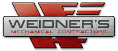 Logo for Weidner's Mechanical Contractors. Silver and red geometric design with company name and description.