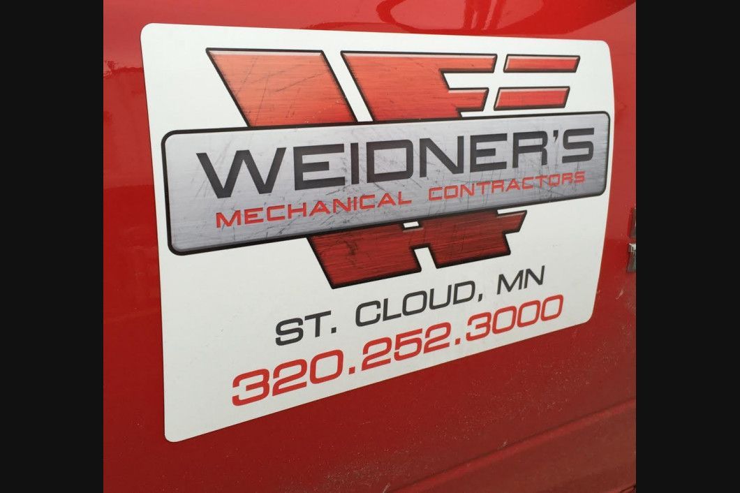 Logo for Weidner's Mechanical Contractors, St. Cloud, MN. Red, white, and gray with phone number.