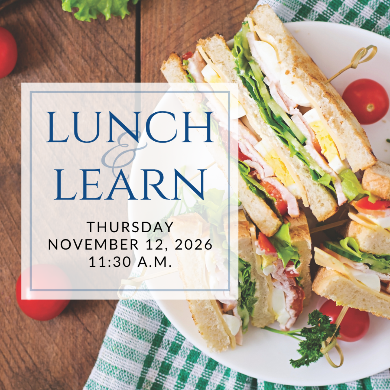 a plate of sandwiches on a table with the words lunch & learn on it