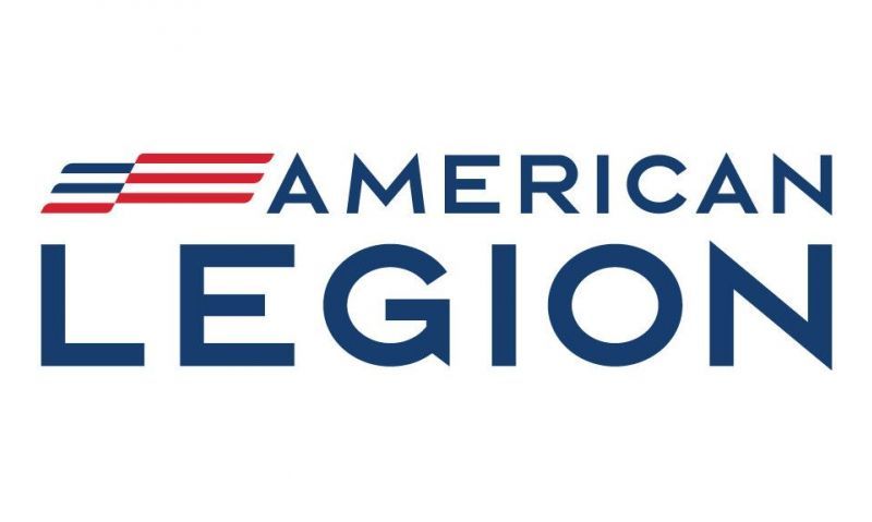 American Legion logo in red and blue text with stylized flag stripes above the wordmark