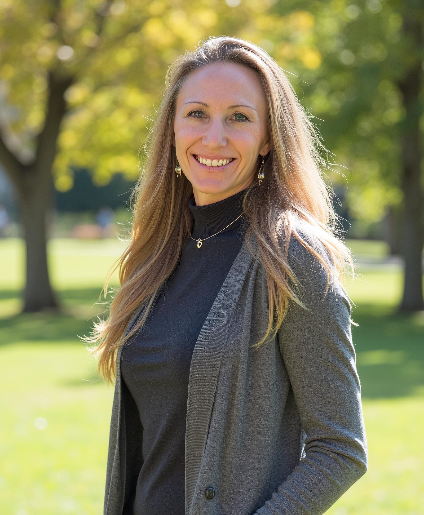 A woman wearing a gray cardigan and a black turtleneck is smiling in a park.