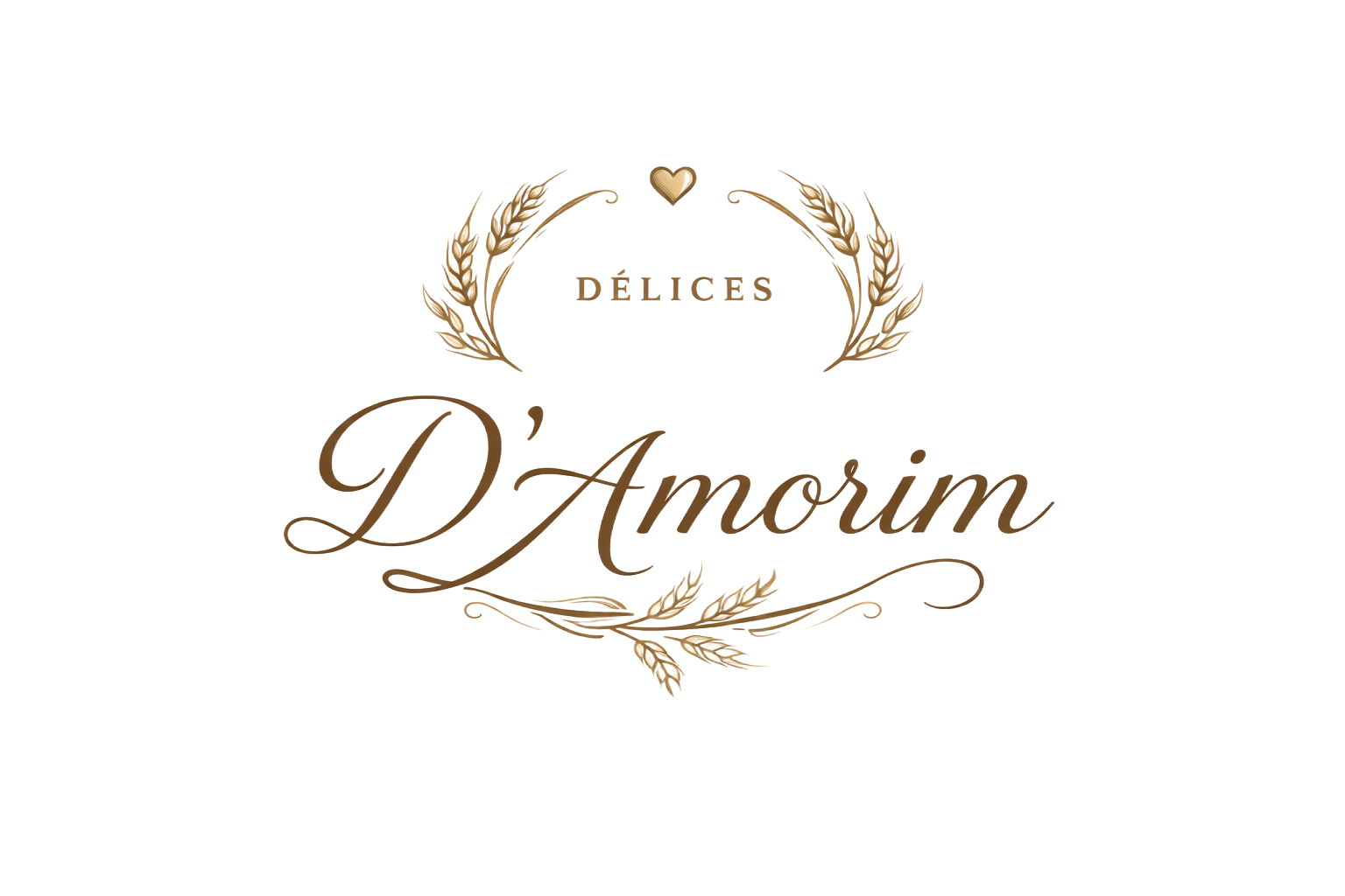 Logo doré « Délices d'Amorim » orné de volutes florales sur fond blanc