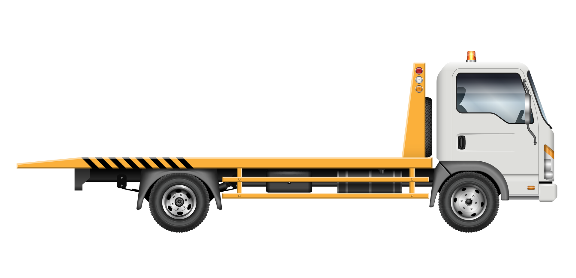 A white and yellow flatbed tow truck. A white and yellow flatbed tow truck.