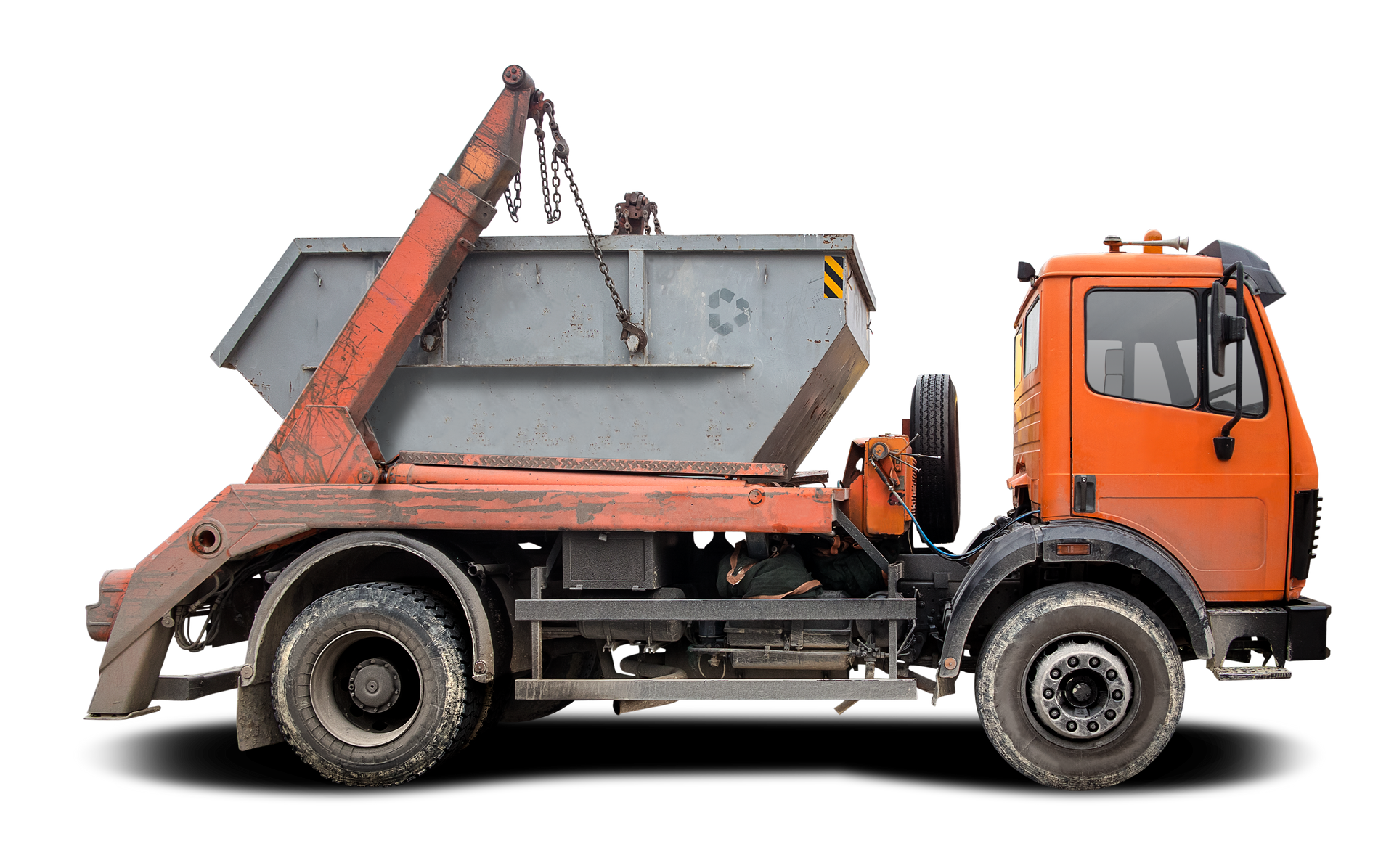 Orange roll-off truck with gray dumpster, used for waste removal; against a white background. Orange roll-off truck with gray dumpster, used for waste removal; against a white background.