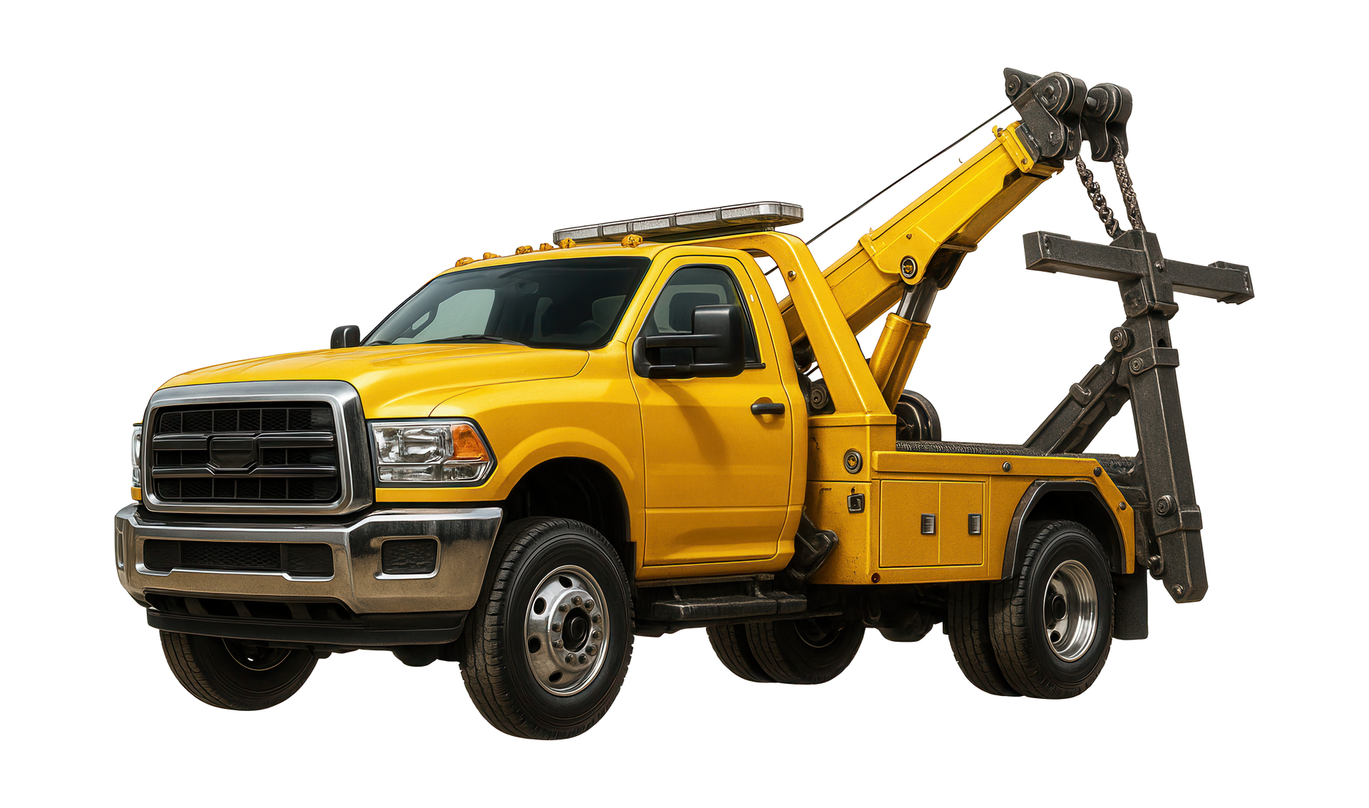 Yellow tow truck with extended boom.