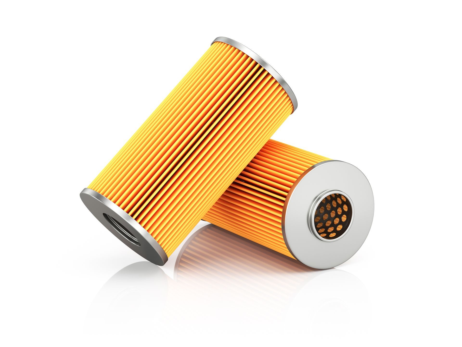 Two yellow cylindrical filters with metal end caps, angled and overlapping, on a white surface.
