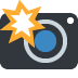 Camera icon with orange starburst and blue lens on a dark background