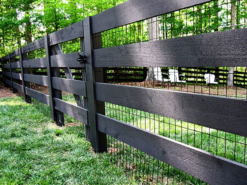 Dark wooden fence with wire mesh along a grassy path beside trees