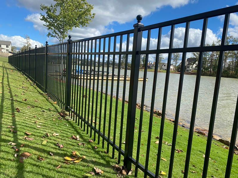 Black metal fence beside a green lawn and paved path under a cloudy sky