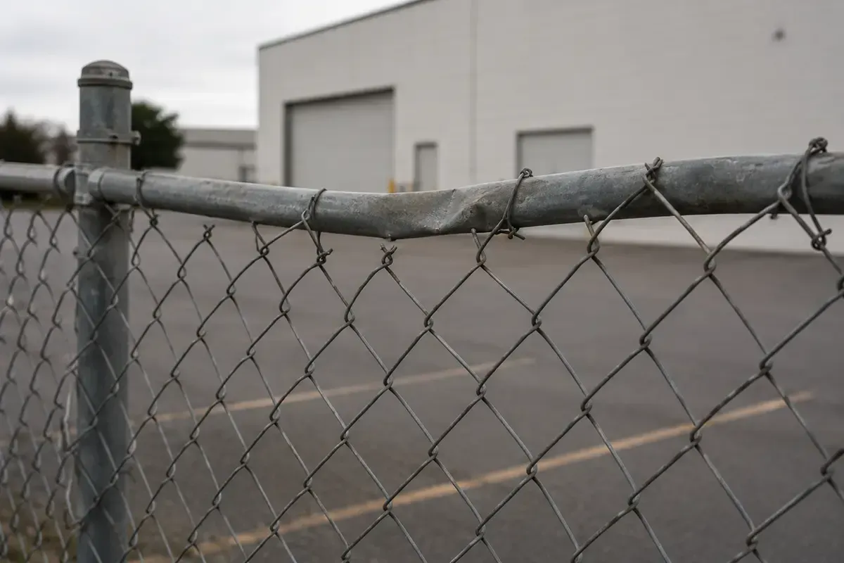 Chain-link fence in front of a gray industrial building and garage door