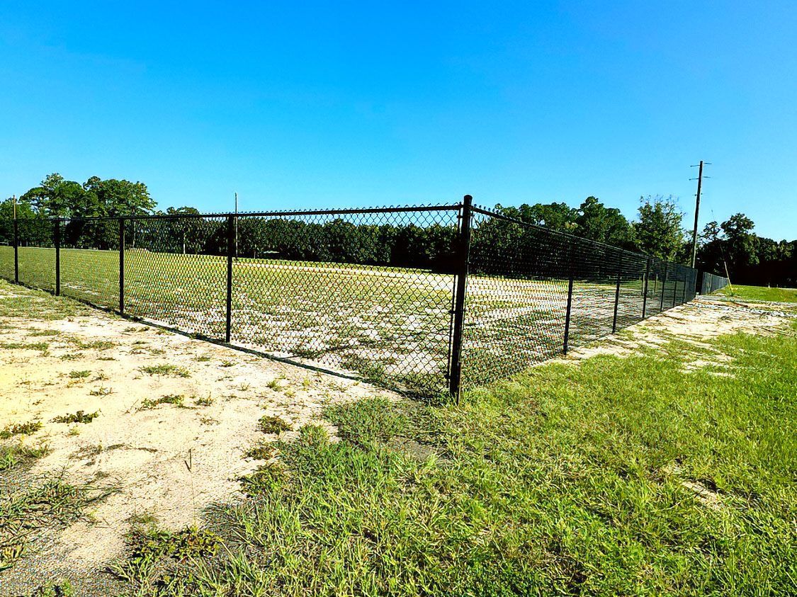 Chain-link fenced field with sandy ground and green grass under a clear blue sky