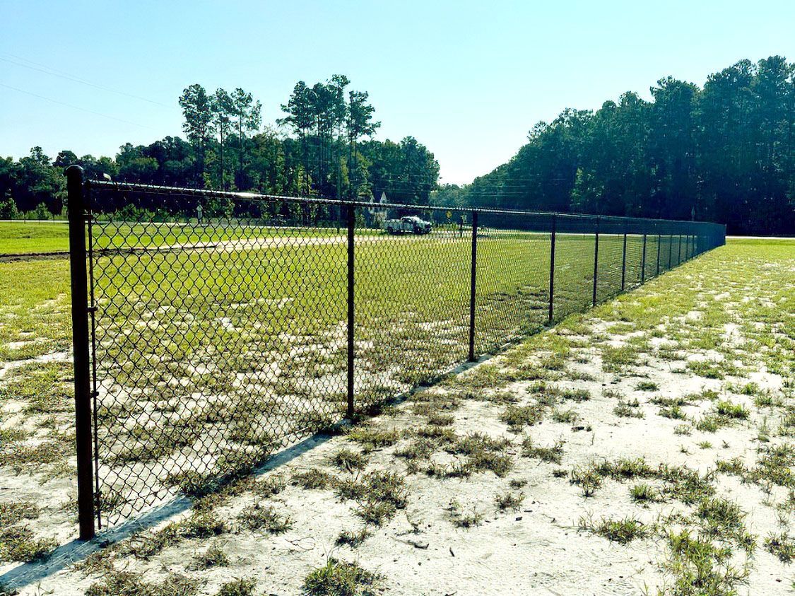 Chain-link fence along a grassy field under a bright blue sky.