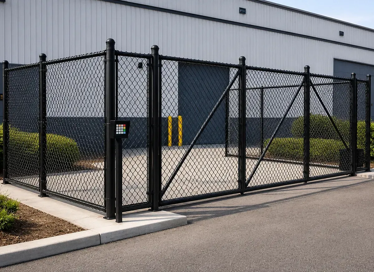 Black chain-link security gate in front of a gray industrial building.