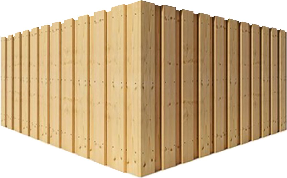 Corner of a light wooden fence or panel wall with vertical slats on a white background