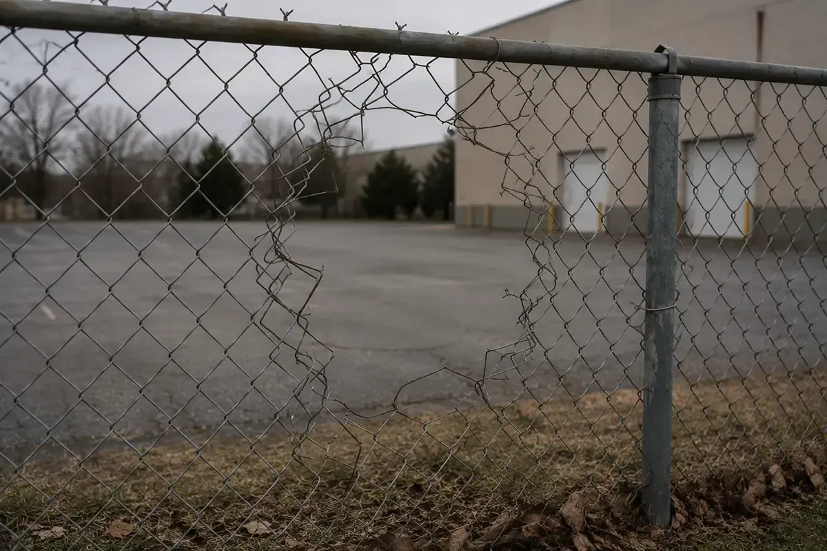 Chain-link fence beside an empty cracked lot and beige industrial building under an overcast sky