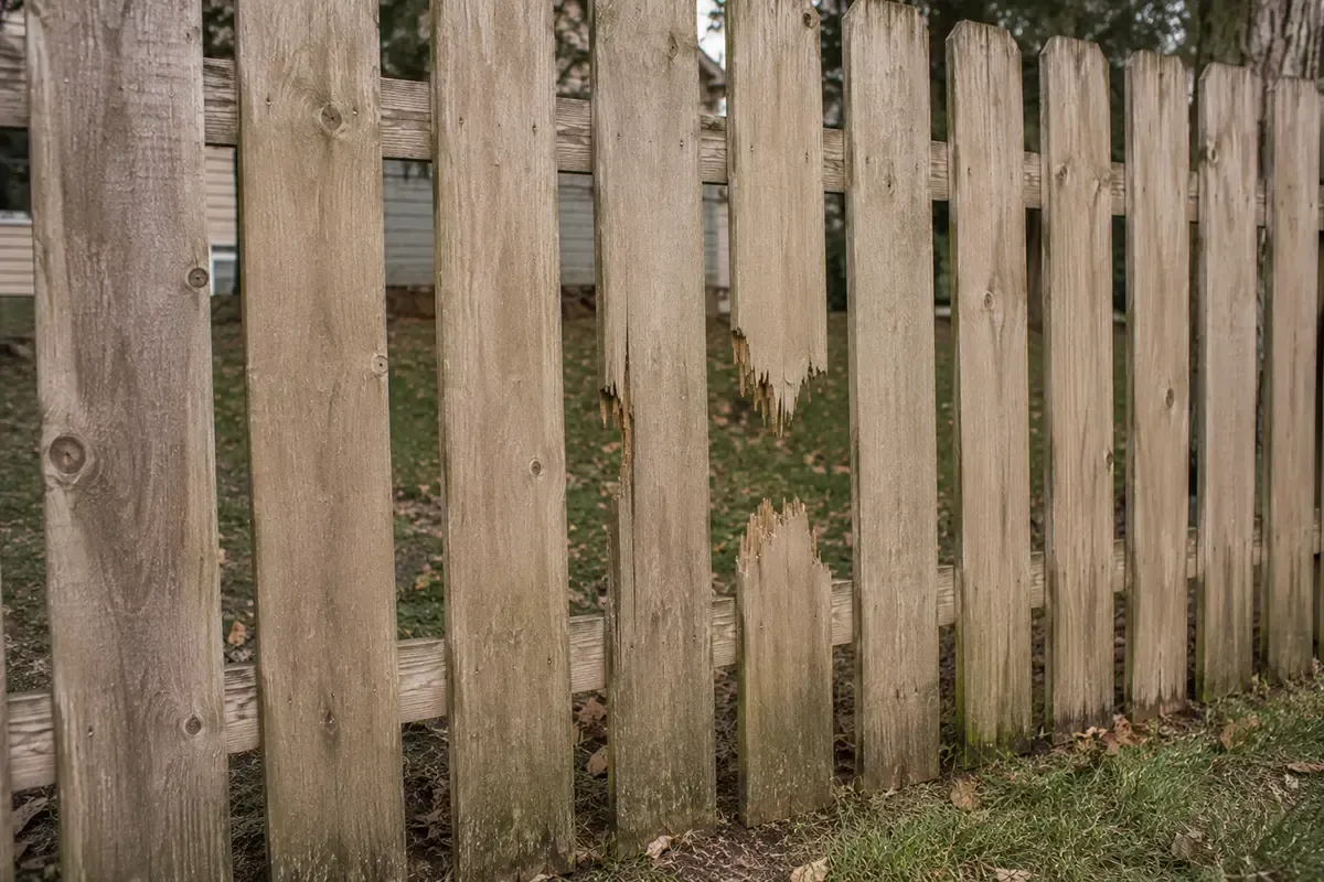 Weathered wooden fence with vertical slats along a grassy area.