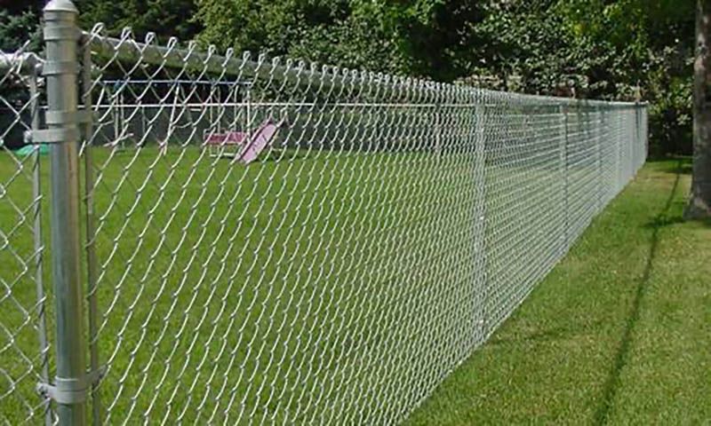Chain-link fence along a grassy yard with a garden chair in the background.