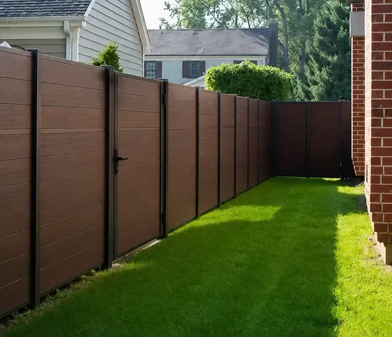 Narrow grassy backyard between brown privacy fence and brick house on a sunny day