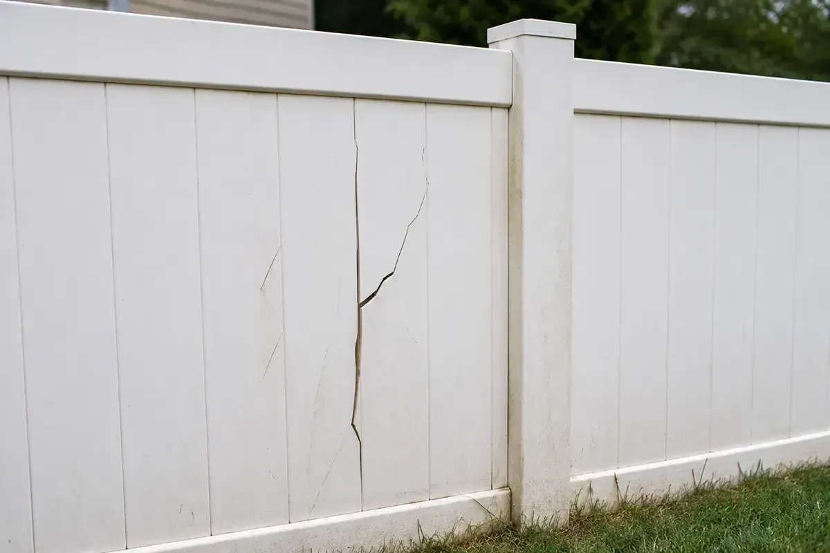 White vinyl fence with a vertical crack in one panel and grass at the bottom