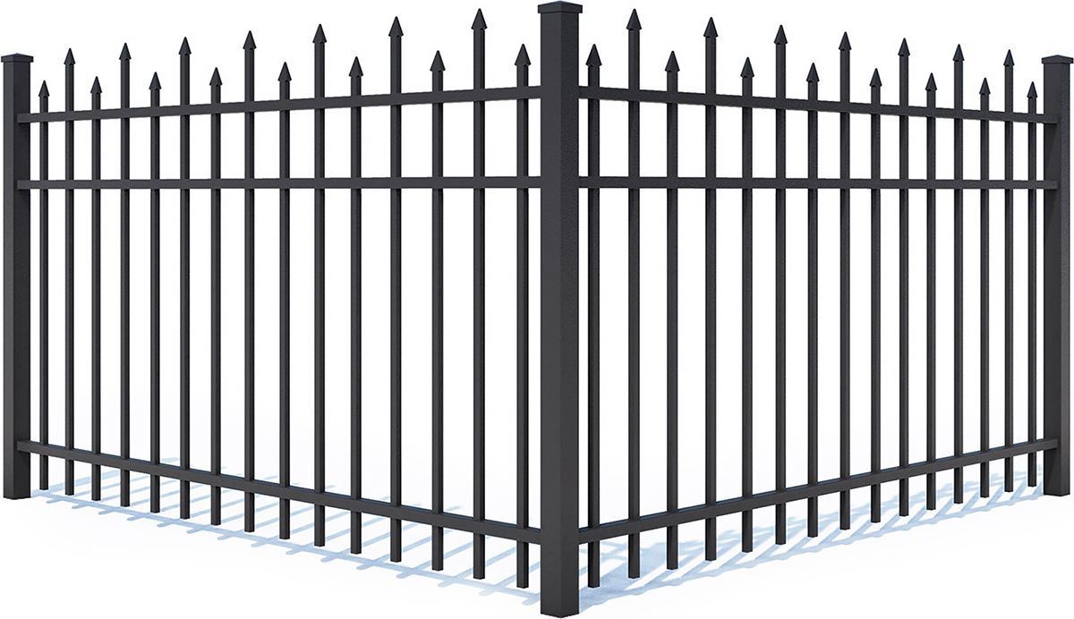 Black metal corner fence with pointed pickets on a white background
