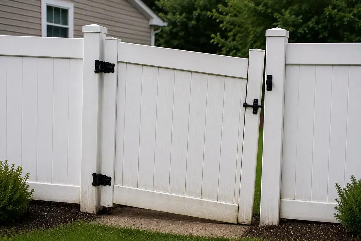 White vinyl fence with a slightly open gate and black hinges beside a house and greenery