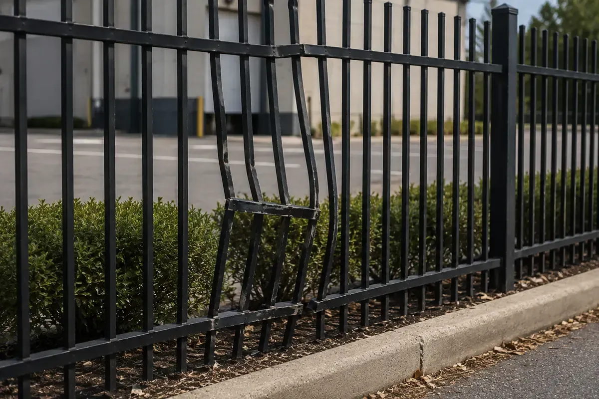 Black metal fence with bent bars along a sidewalk beside a street.